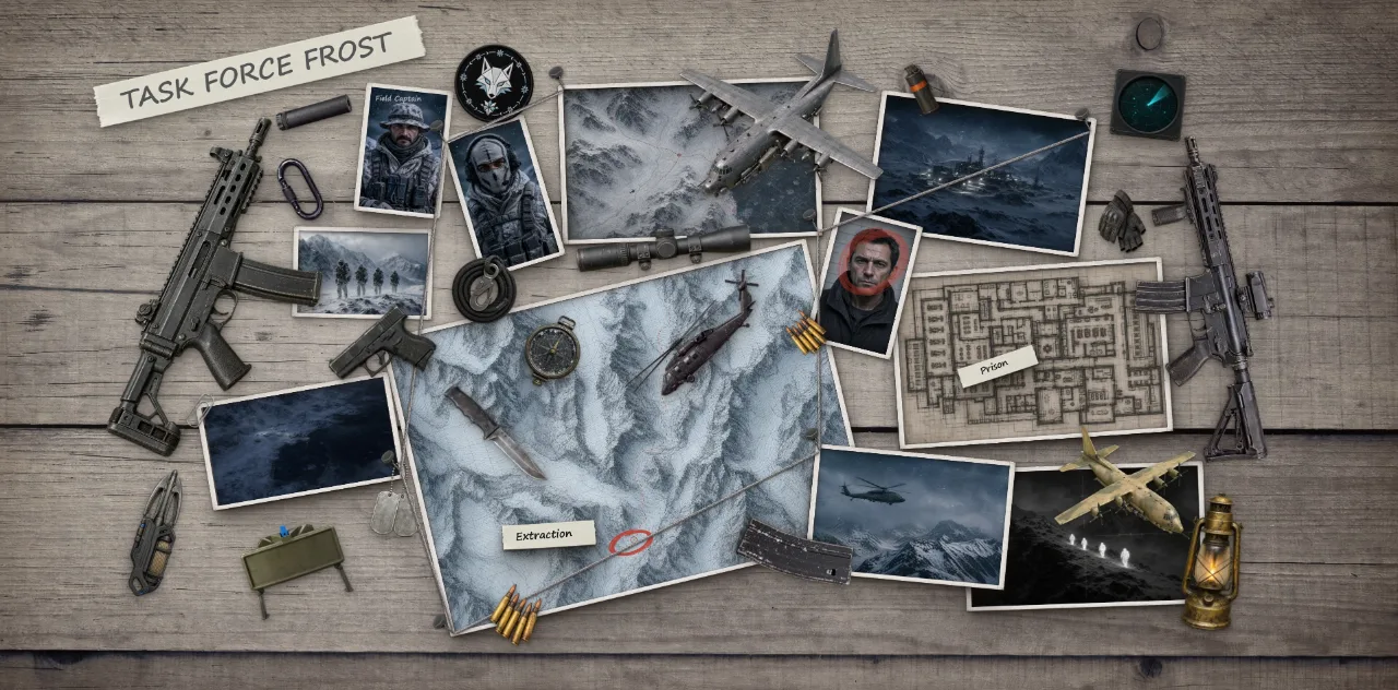 Operation Frost template detail: snowy terrain references, a map and connected locations