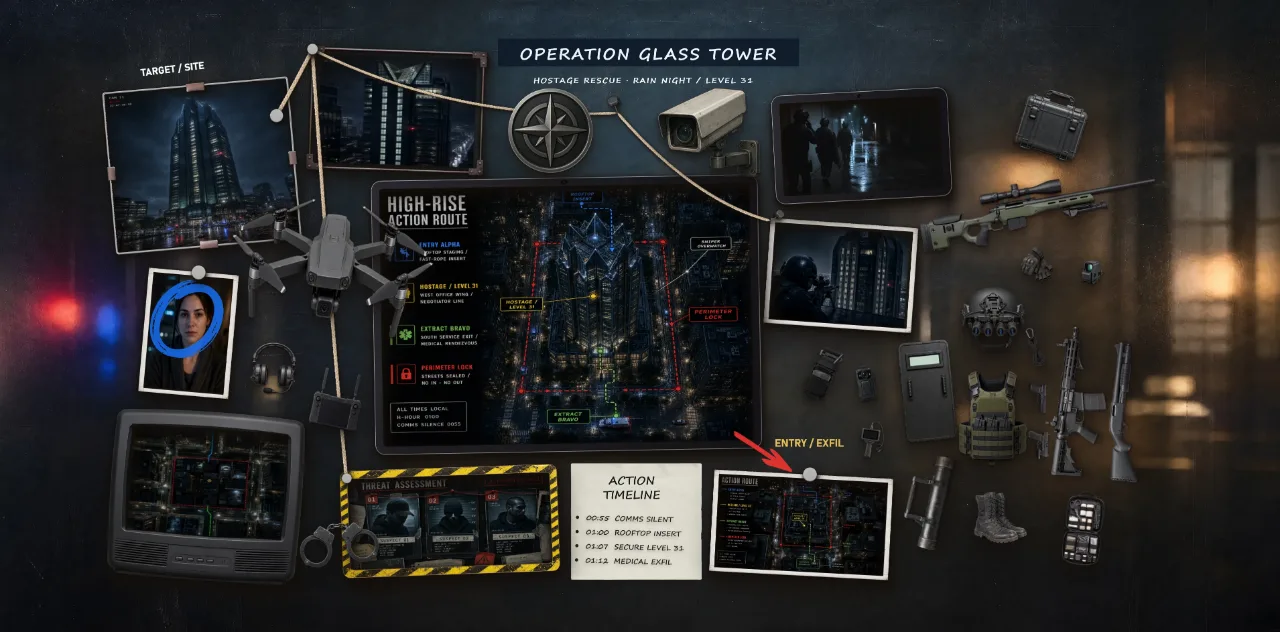Operation Glass Tower template: a fictional scenario with a tower diagram, connected reference images and a written action timeline