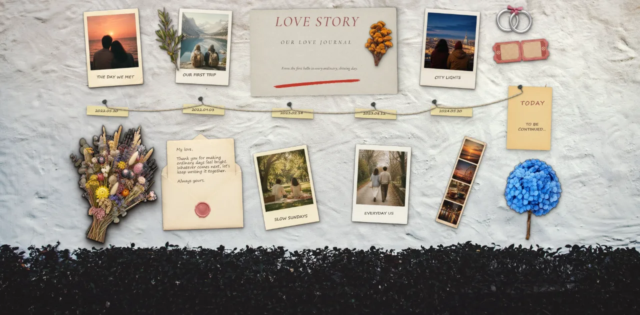 Love Story template: travel photos, a handwritten letter, flowers and a dated thread timeline