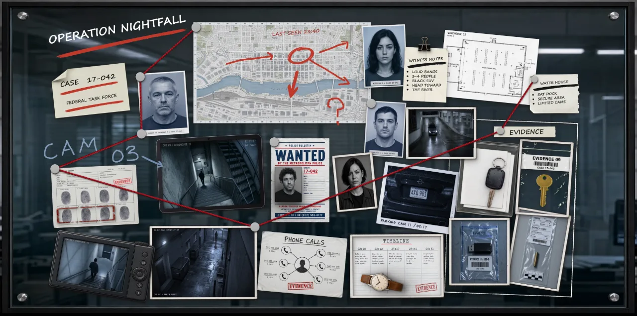 Operation NightFall template: a case board with a city map, witness portraits, evidence photos and red threads