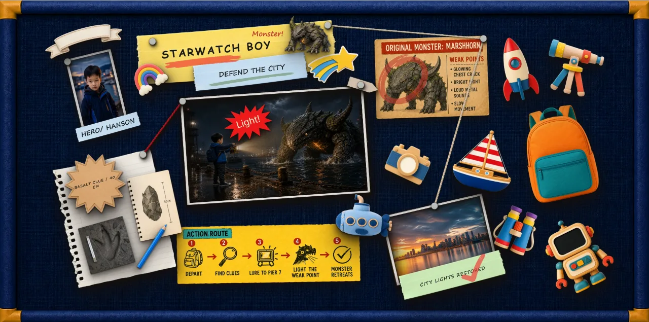 STAR WATCH template: a fictional hero, a basalt clue, a monster and a connected action route on a blue pinboard